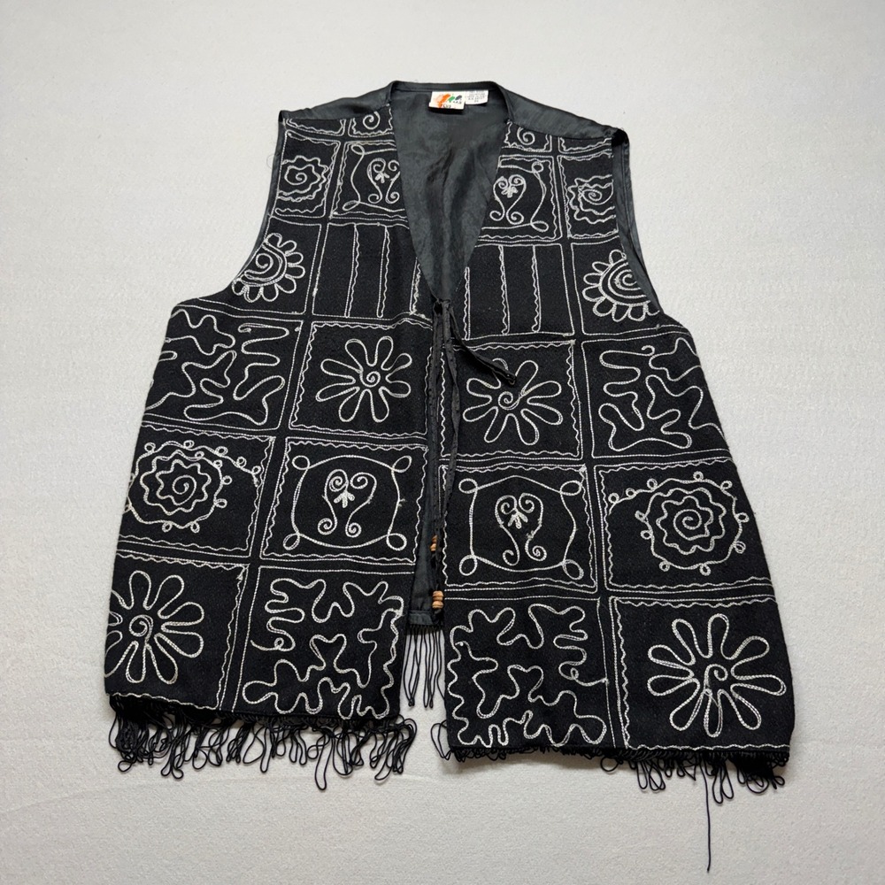 Kaktus Plus Vintage Wool Blend Embroidered Fringe Vest Black White 2X Boho Tie